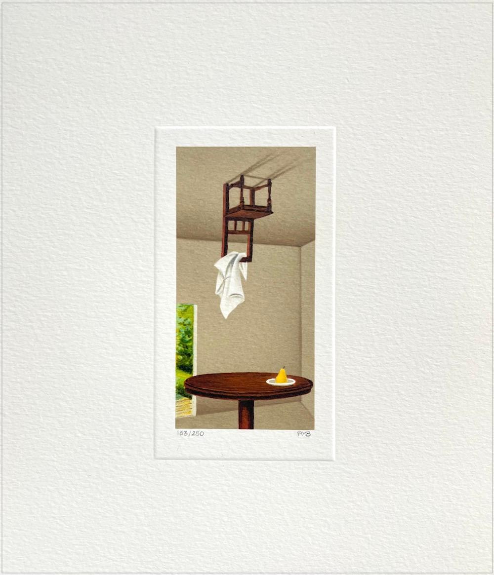 STILL LIFE WITH PEAR Signed Mini Lithograph, Surreal Interior, Table and Chair - Print by Fanny Brennan