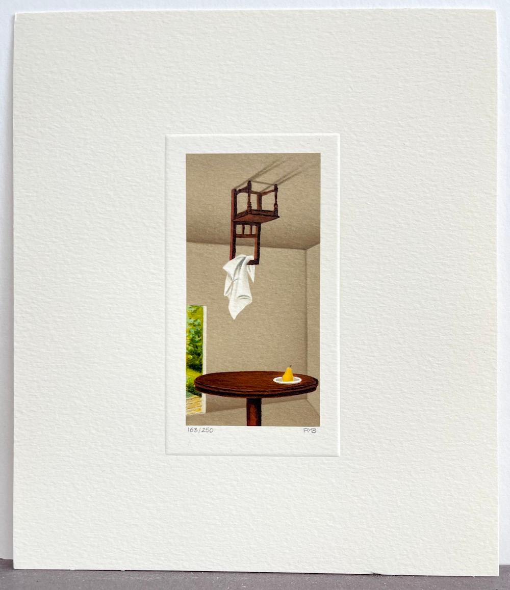 STILL LIFE WITH PEAR is a rarely seen, hand drawn limited edition lithograph by the American surrealist artist Fanny Brennan, created using traditional hand lithography techniques printed on archival Arches paper, 100% acid-free. STILL LIFE WITH