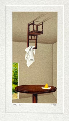 VIDA TRANQUILA CON PERA Mini litografía firmada, interior surrealista, mesa y silla