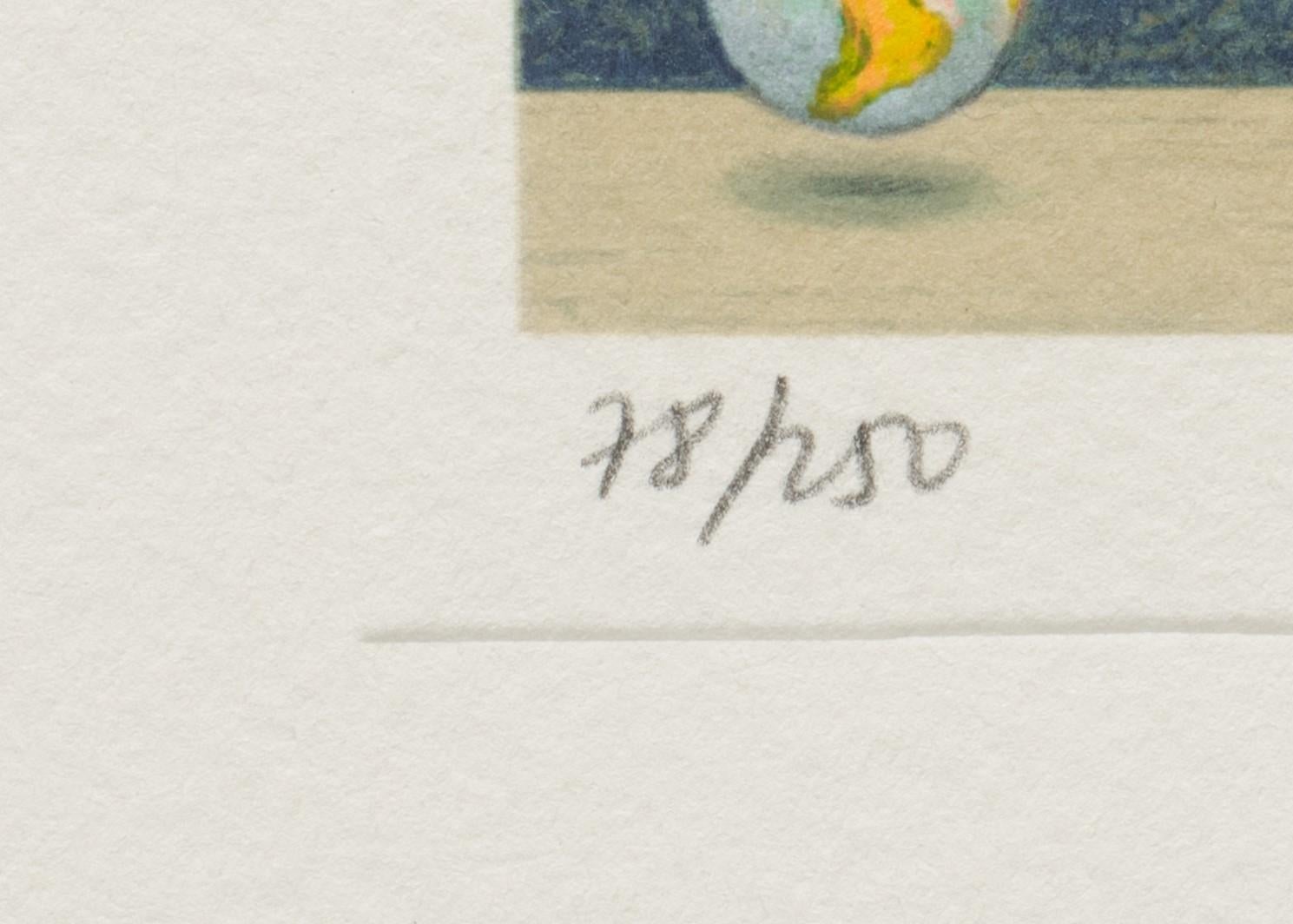 Suspended Sentence is a lithograph on paper with an image size of 1.5 x 2 inches, initialed 'FMB' lower right and numbered lower left, framed in a contemporary silver and dark gray frame. Numbered 78/250 from the edition of 300 (there were also 50