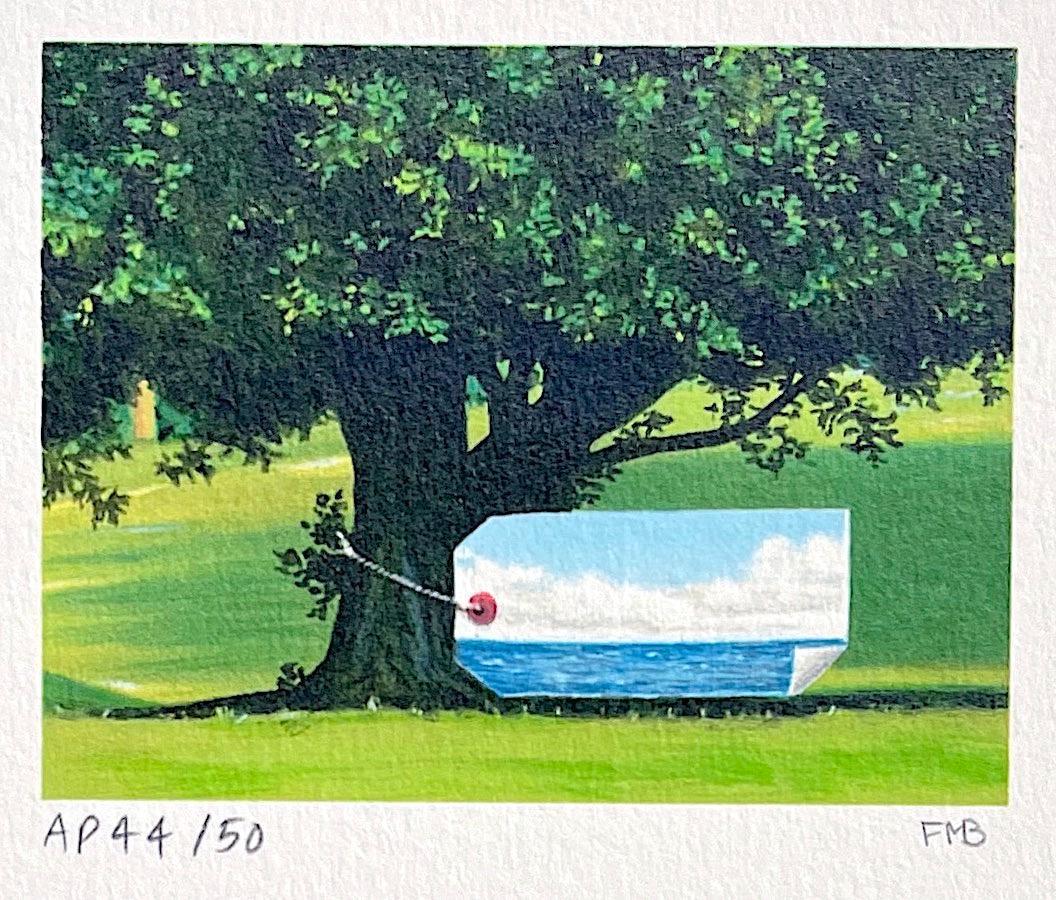 TAGGED TREE Handgezeichnete signierte Lithographie, Grüner Baum, Blaues Meer und Himmel 
