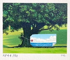 TAGGED TREE Hand Drawn Signed Lithograph, Green Tree, Blue Sea and Sky 