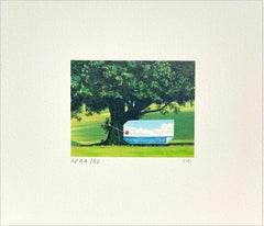 TAGGED TREE Litografía firmada, Mini paisaje, Árbol, Agua, Cielo, Surrealismo