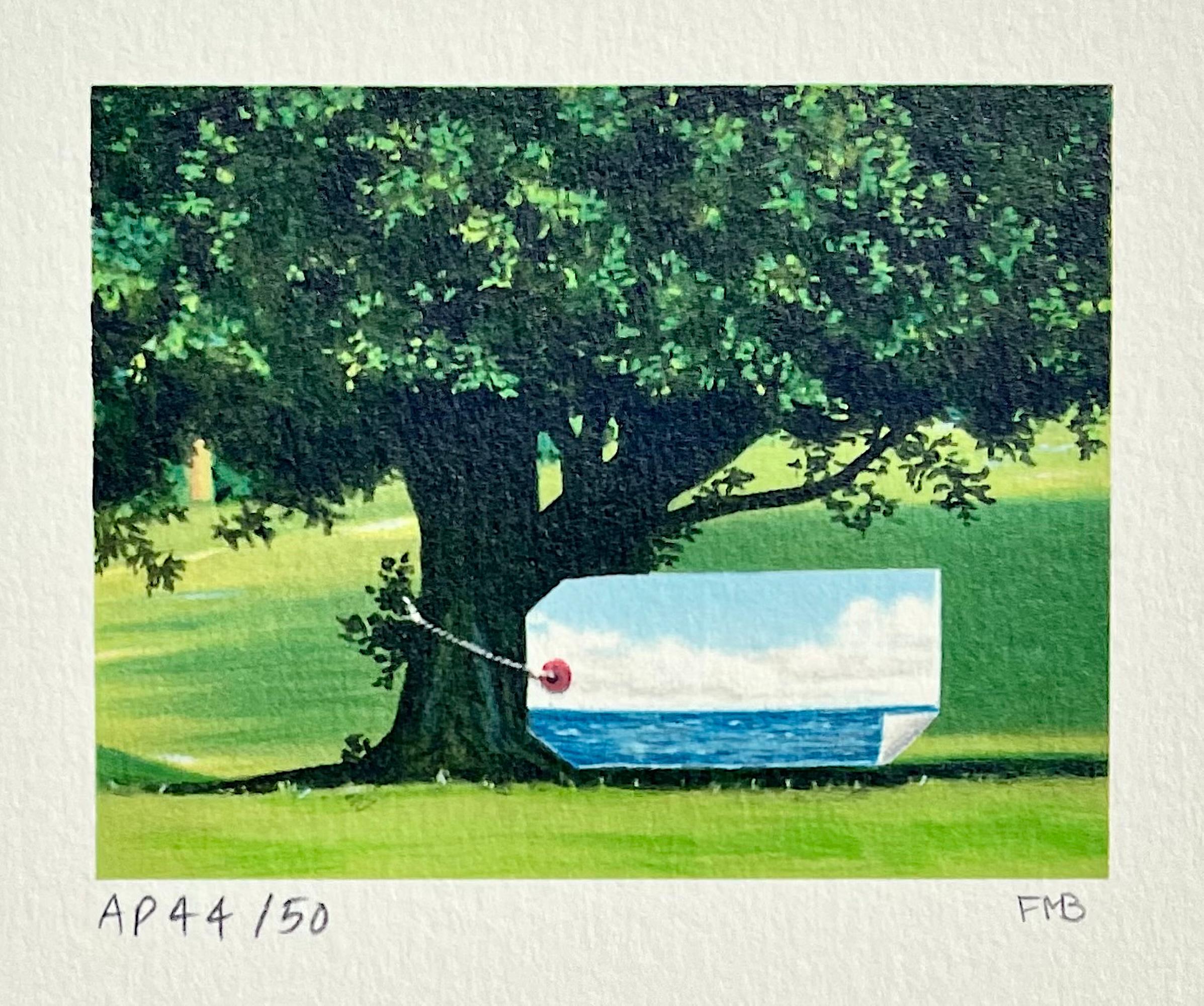 TAGGED TREE Signed Lithograph, Mini Landscape, Tree, Water, Sky, Surrealism
