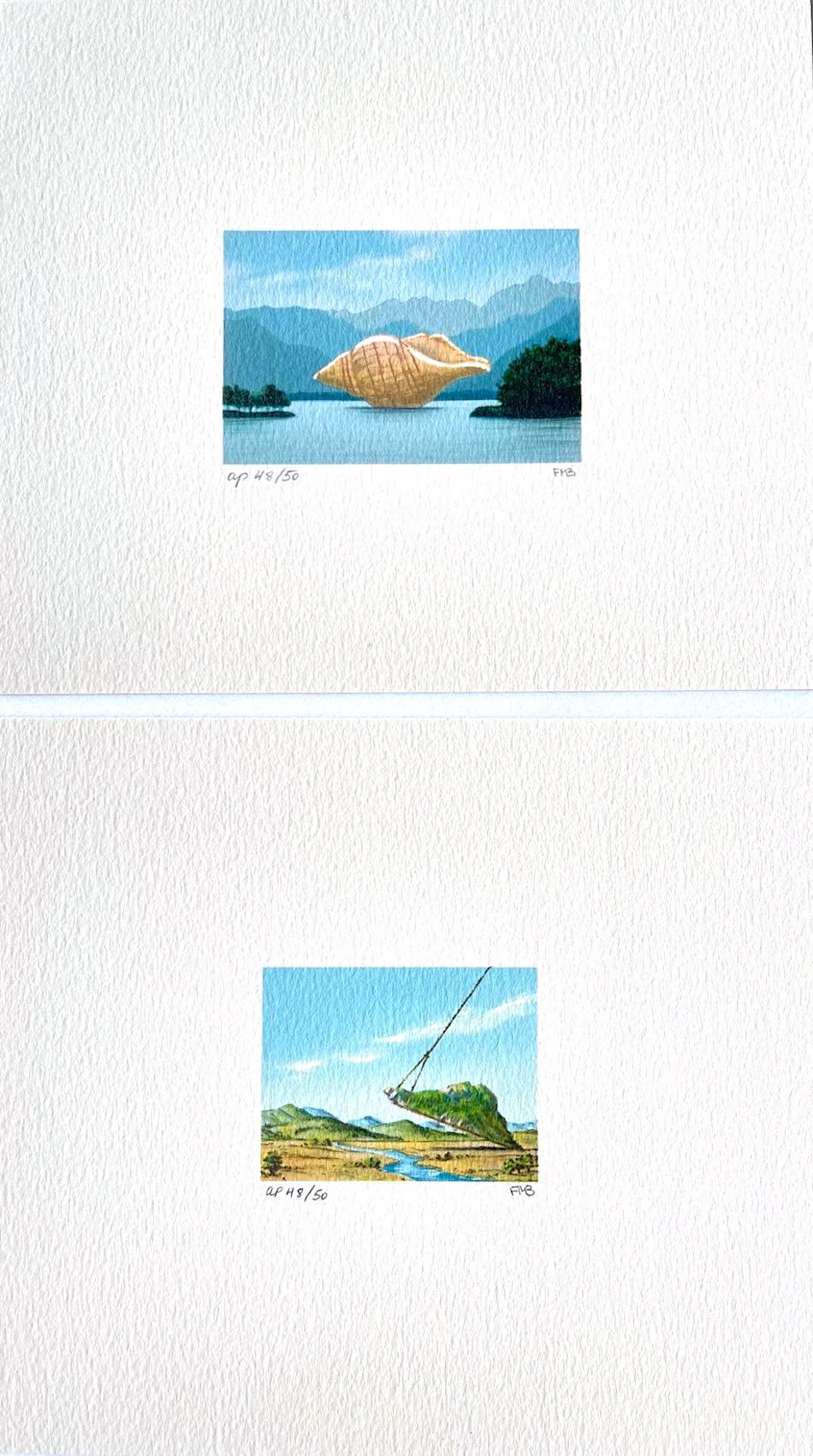 THE VISITOR and MOUNTAIN LIFT, 2 Signed Lithographs, Miniature Surreal Landscape