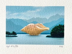 Retro THE VISITOR Signed Lithograph, Mini Surreal Landscape Seashell, Mountains, Water