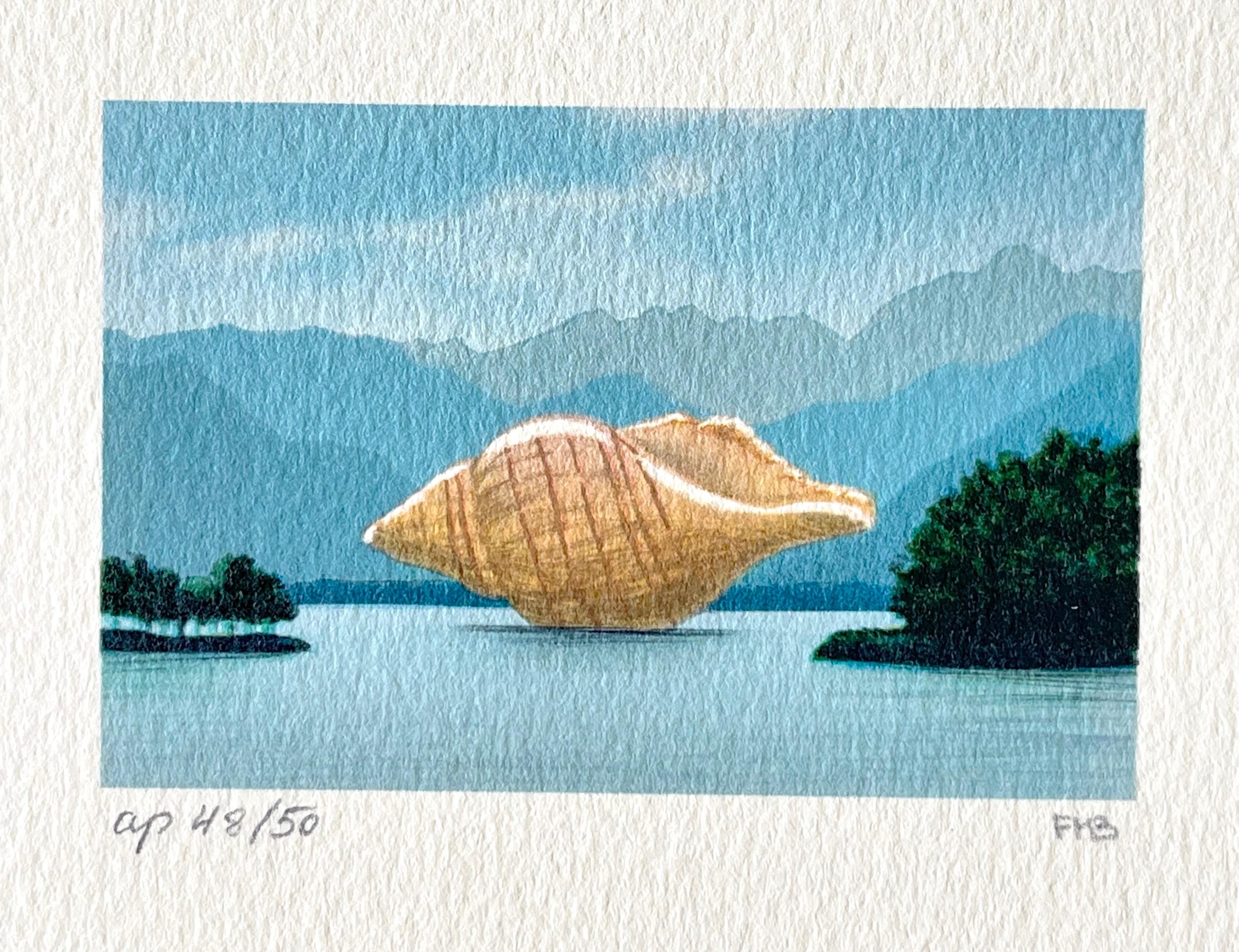 THE VISITOR Lithographie signée, Mini paysage surréaliste coquillage, montagnes, eau