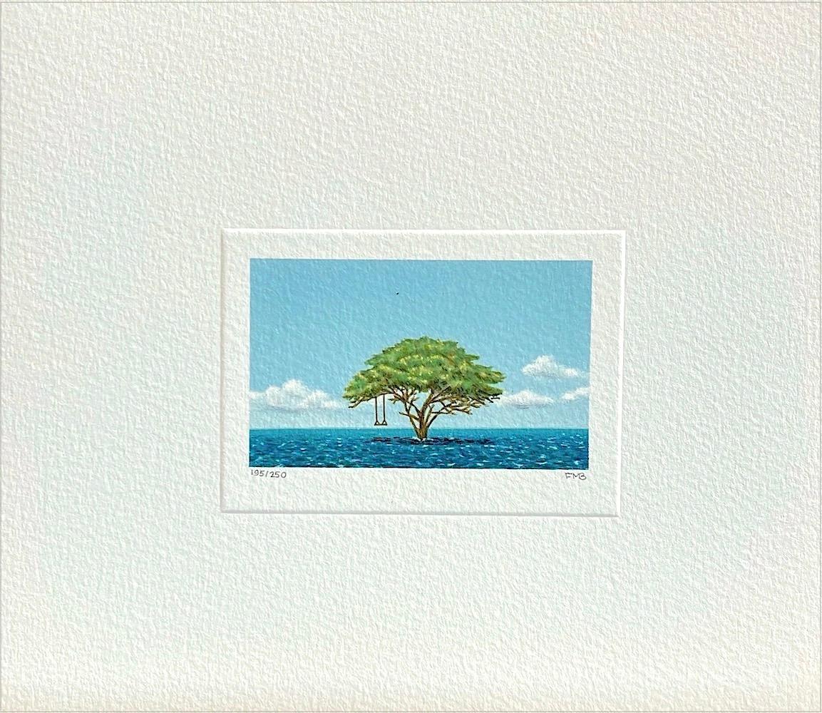 Mini-lithographie signée TREE SWING, paysage aquatique surréaliste, nuages, ciel bleu - Print de Fanny Brennan