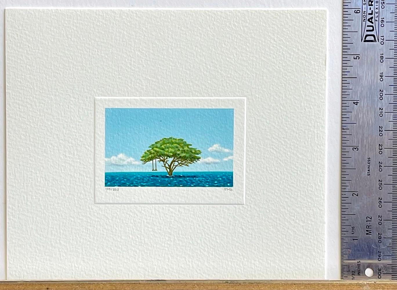 Mini-lithographie signée TREE SWING, paysage aquatique surréaliste, nuages, ciel bleu - Surréalisme Print par Fanny Brennan