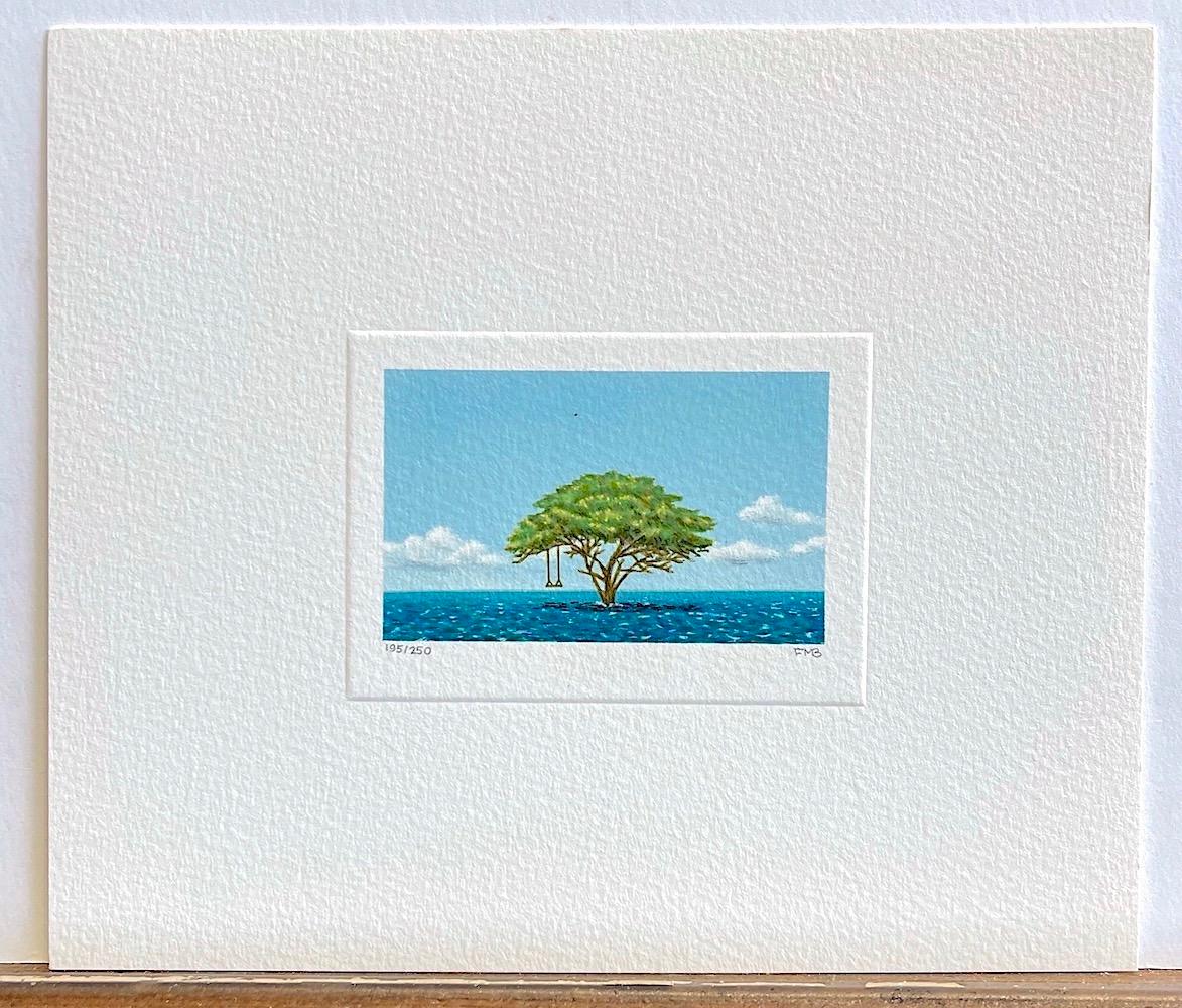 Mini-lithographie signée TREE SWING, paysage aquatique surréaliste, nuages, ciel bleu en vente 1
