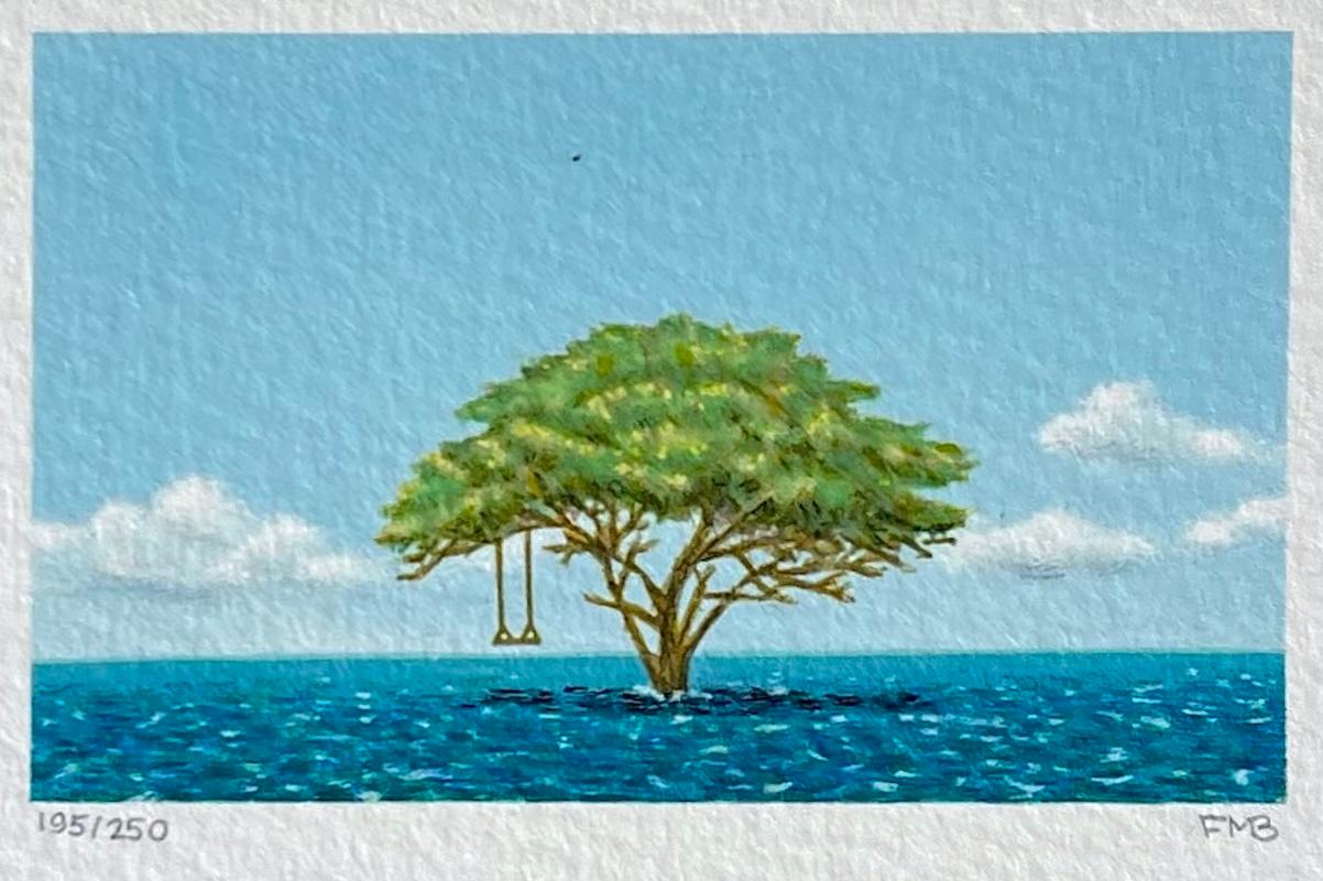 TREE SWING Signed Mini Lithograph, Surreal Waterscape, Clouds, Blue Sky 2