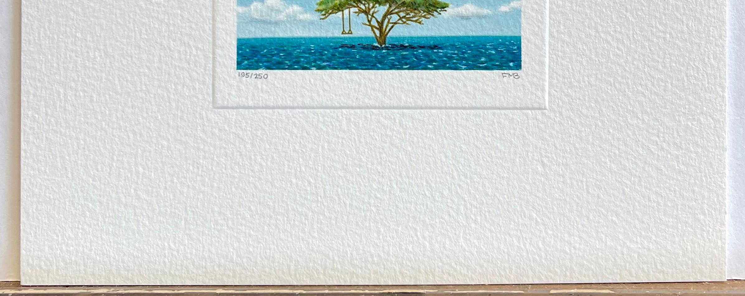 TREE SWING Signed Mini Lithograph, Surreal Waterscape, Clouds, Blue Sky 4