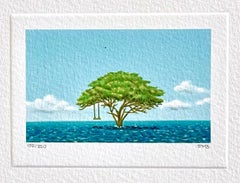 Mini-lithographie signée TREE SWING, paysage aquatique surréaliste, nuages, ciel bleu