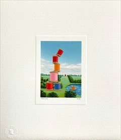 TREMOR Signed Mini Lithograph, Surreal Landscape Multicolor Sewing Thread Spools