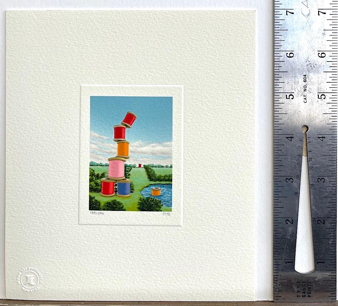Mini litografia firmata TREMOR, paesaggio surreale, rocchetti di filo da cucire multicolore - Print Surrealismo di Fanny Brennan