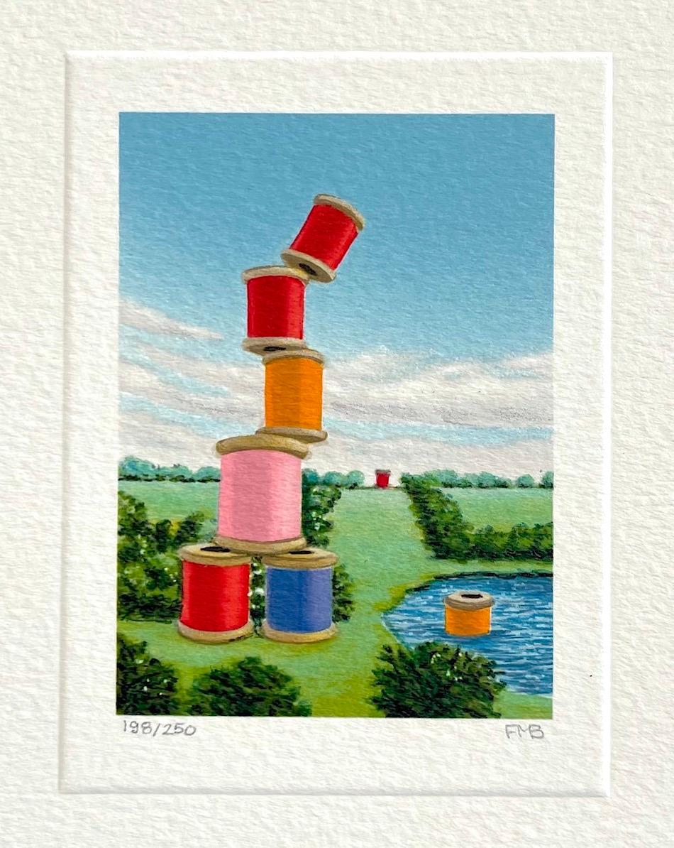 TREMOR Mini litografía firmada, Paisaje surrealista Carretes de hilo de coser multicolor