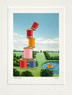 TREMOR Signed Mini Lithograph, Surreal Landscape Multicolor Sewing Thread Spools