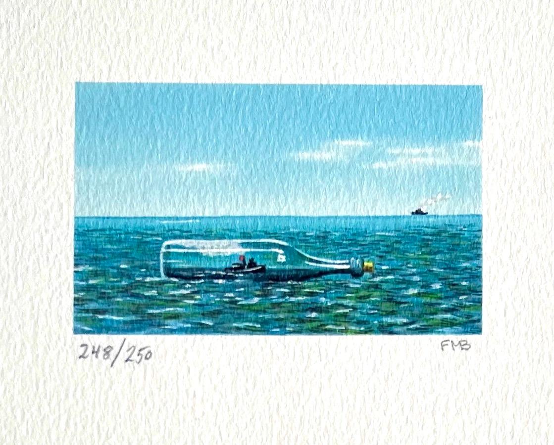 Fanny Brennan Landscape Print – TUGBOAT AFLOAT Signierte Lithographie, Schiff in einer Flasche, Meereslandschaft, Blaueslandschaft