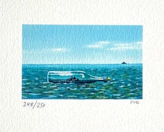 TUGBOAT AFLOAT Signierte Lithographie, Schiff in einer Flasche, Meereslandschaft, Blaueslandschaft