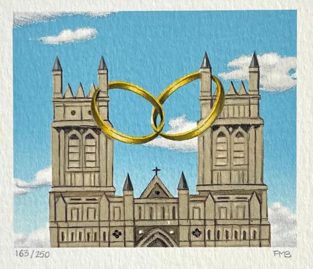BODA Litografía firmada, Mini paisaje, Catedral, Anillos de oro, Surrealismo - Print Surrealista de Fanny Brennan