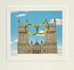 WEDDING Signed Lithograph, Mini Landscape, Cathedral, Gold Rings, Surrealism