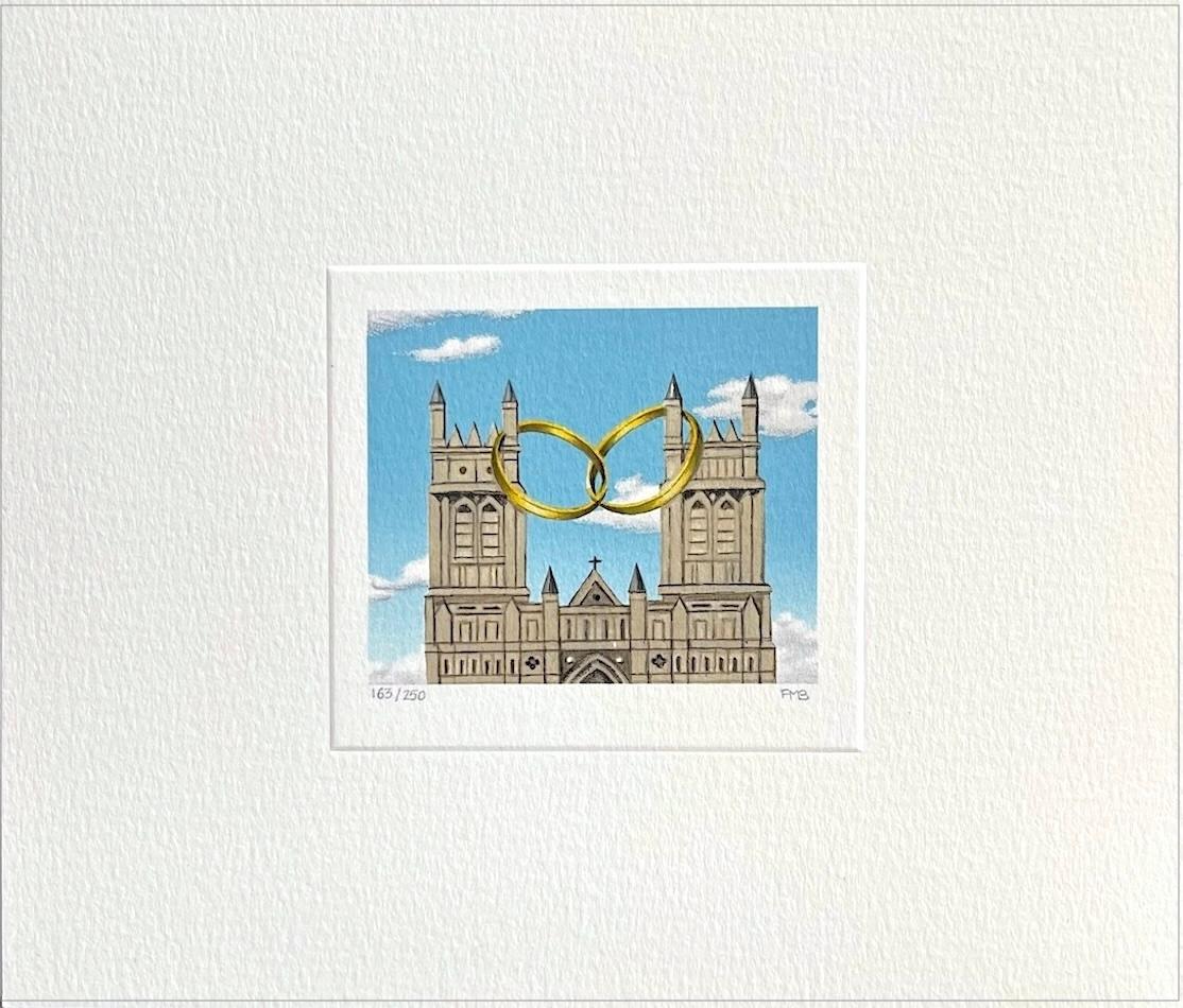 WEDDING Signed Mini Lithograph, Cathedral Church, Gold Rings, Blue Sky - Print by Fanny Brennan