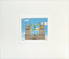 WEDDING Signed Lithograph, Mini Landscape, Cathedral, Gold Rings, Surrealism