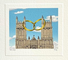 Vintage WEDDING Signed Mini Lithograph, Cathedral Church, Gold Rings, Blue Sky