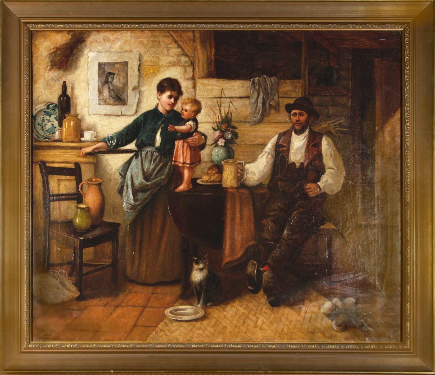 Une scène d'intérieur à l'huile réconfortante de la peintre britannique Fanny Mearns. La scène montre l'intérieur rustique d'une cuisine de ferme. Le père s'est assis sur une chaise, tenant encore sa récolte, après une journée de travail, conduisant