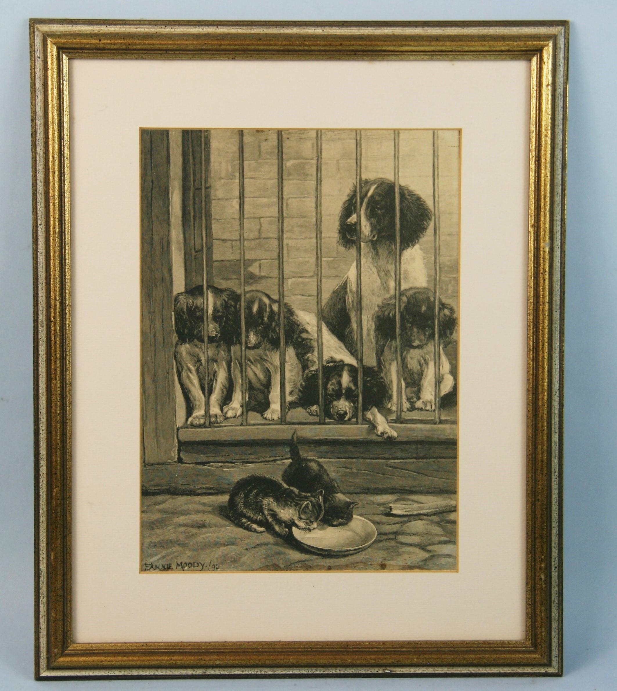 Fanny Moody Animal Print - Antique Engraving Dogs Watching Cats Drink Milk  Cats Animal  1895