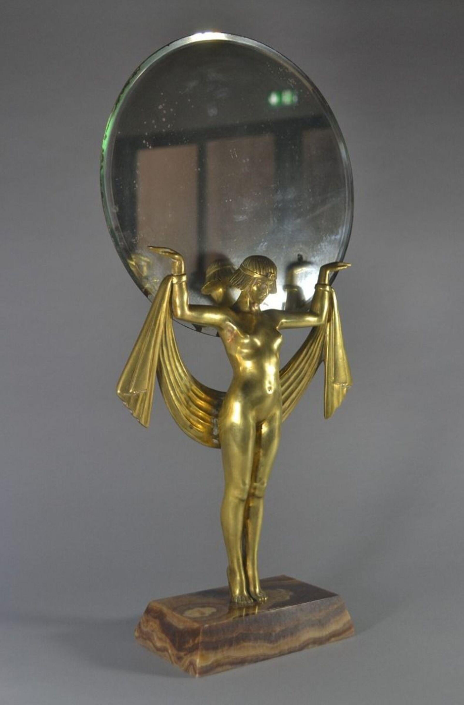 Art Deco Fanny Rozet Bronze Egyptian Dancer Figural Mirror