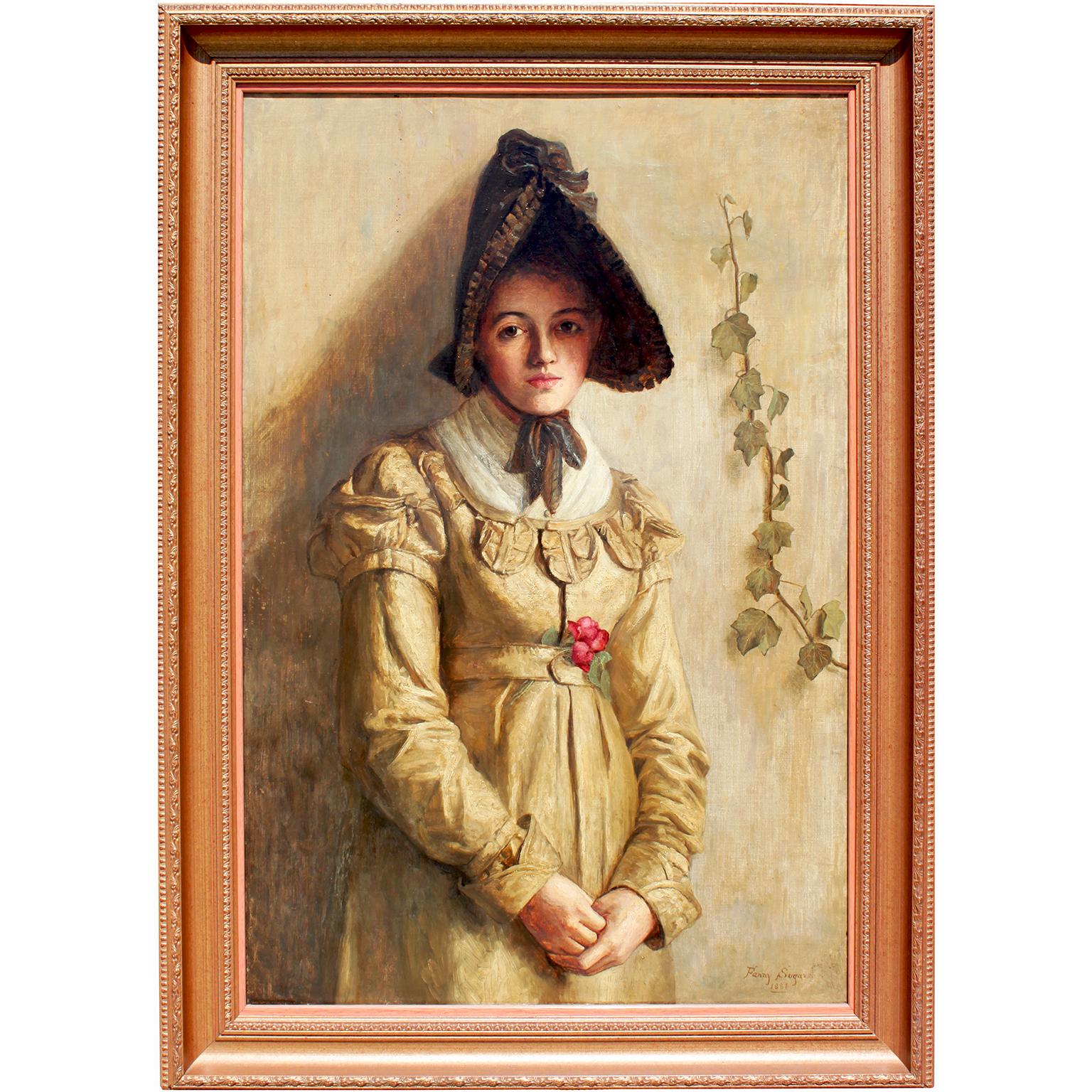 Fanny Sugars (britannique, 1856-1933) Huile sur toile Une jeune fille debout portant un bonnet en vente 8