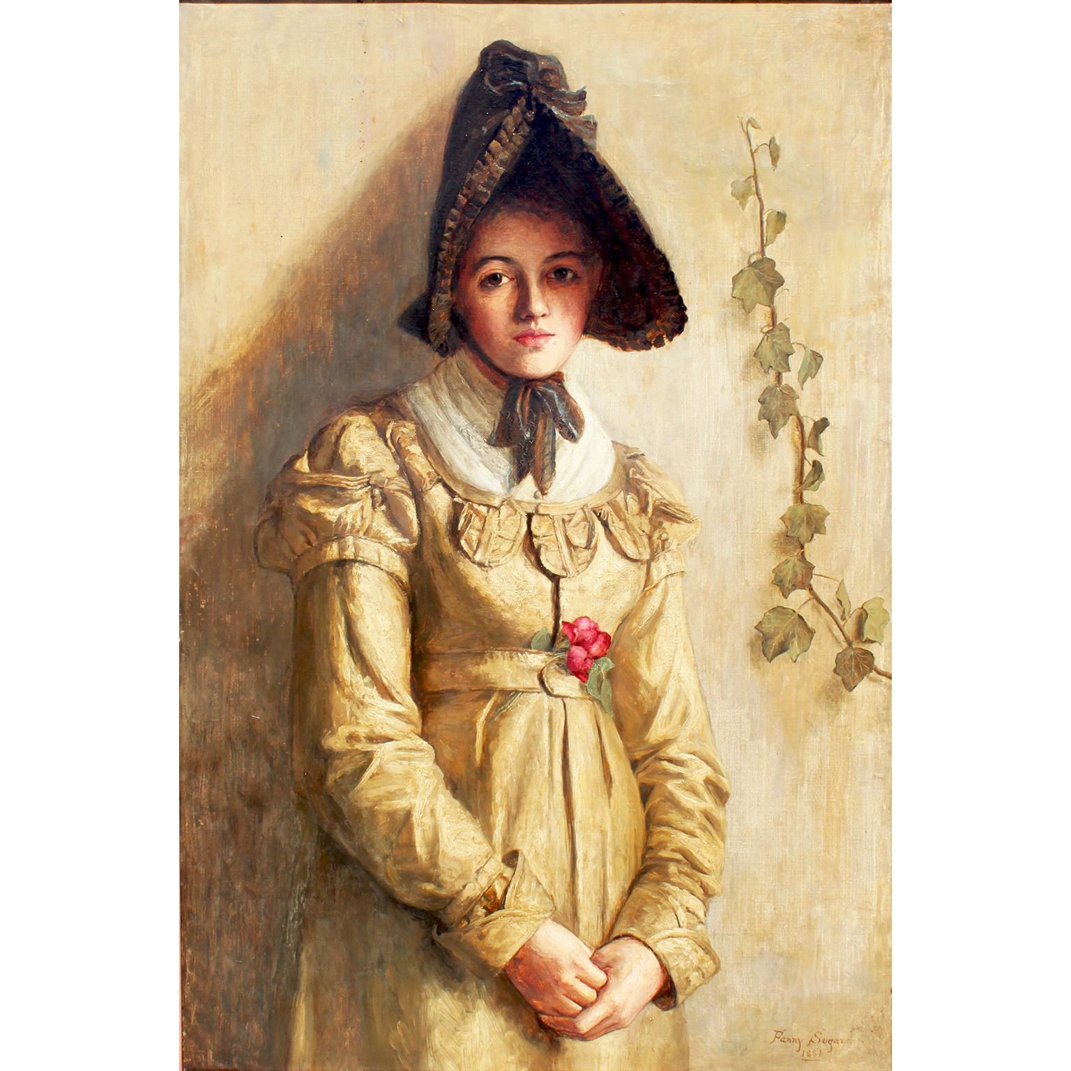 Fanny Sugars (britannique, 1856-1933) Charmante huile sur toile de l'époque victorienne représentant un portrait de jeune fille debout portant un bonnet, dans un cadre en bois doré postérieur. Signé et daté : Fanny Sugars / 1881