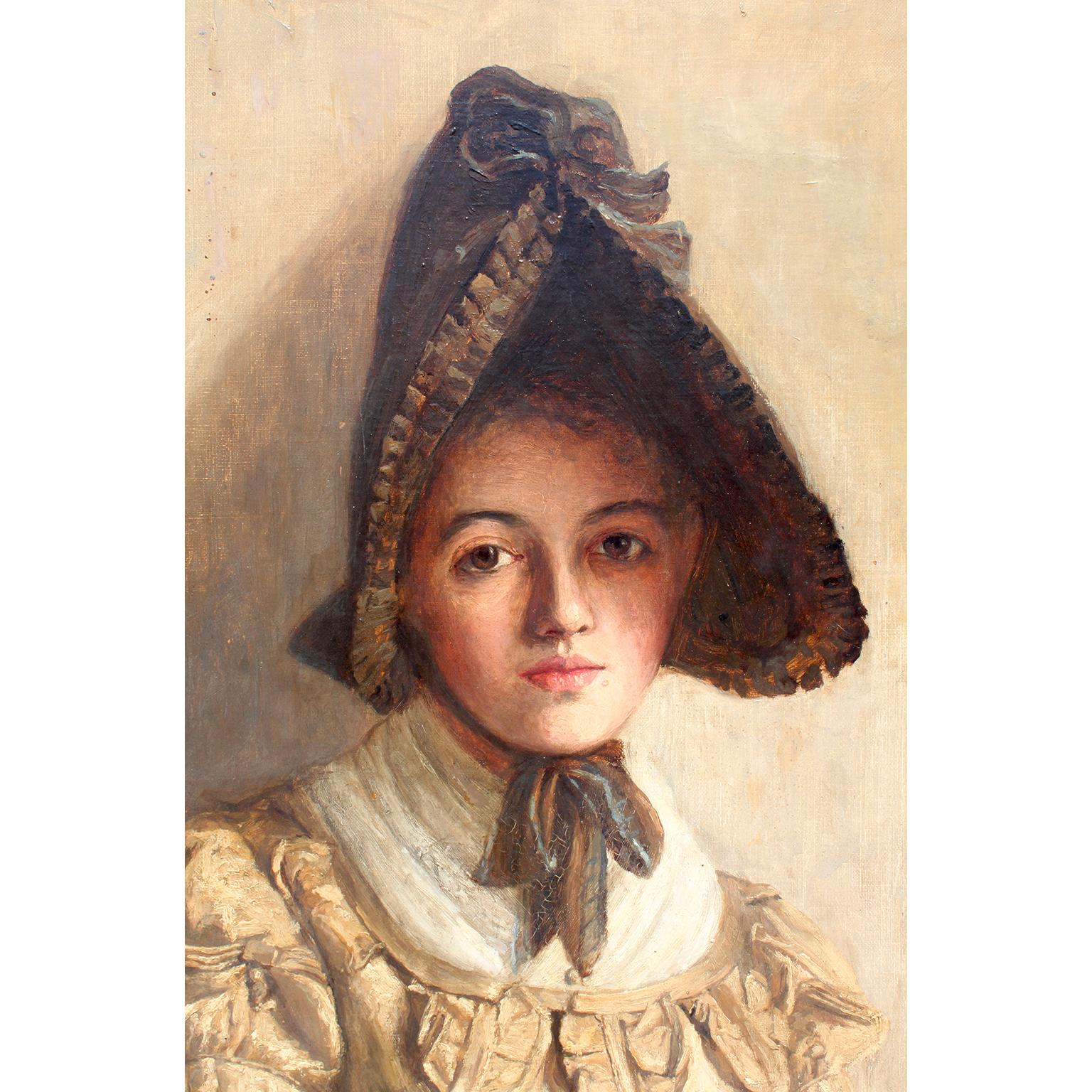 Doré Fanny Sugars (britannique, 1856-1933) Huile sur toile Une jeune fille debout portant un bonnet en vente