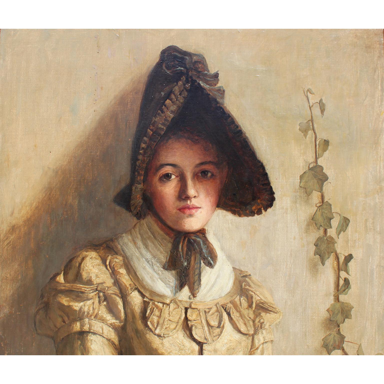 English Fanny Sugars (British, 1856-1933) Oil on Canvas A Standing Girl Wearing a Bonnet For Sale