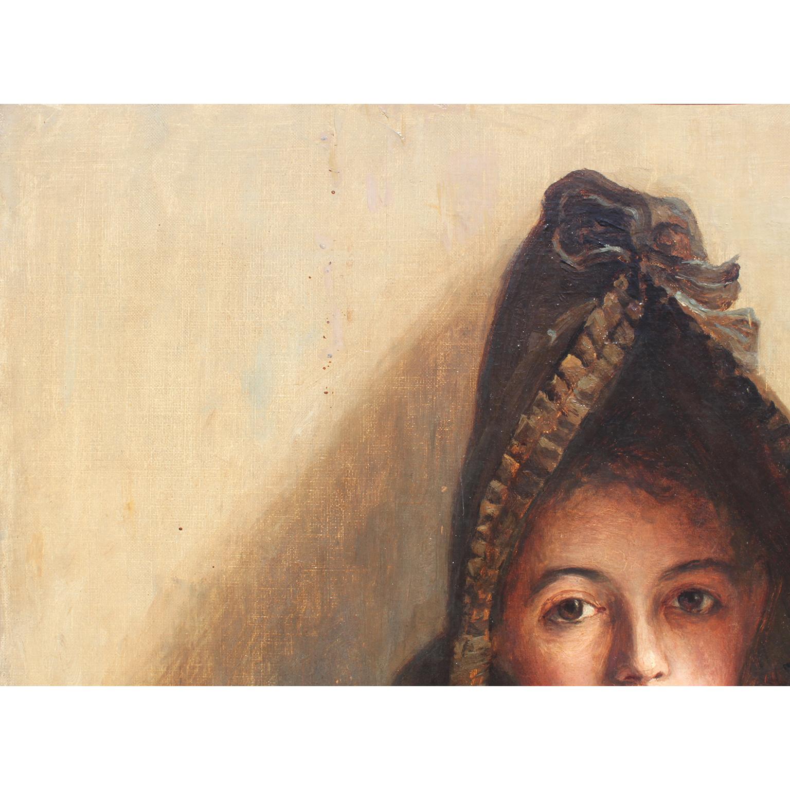 Fanny Sugars (britannique, 1856-1933) Huile sur toile Une jeune fille debout portant un bonnet en vente 1