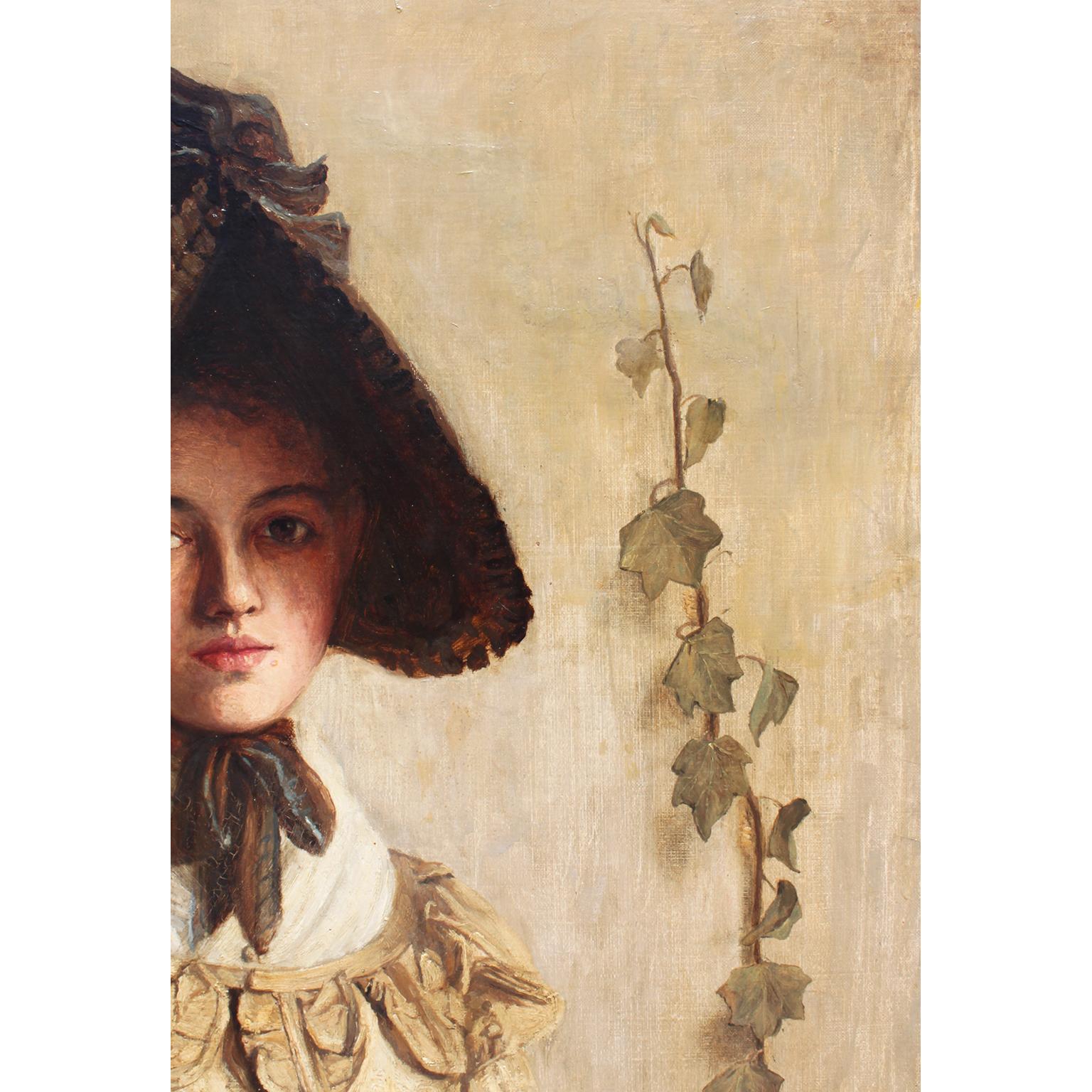 Fanny Sugars (britannique, 1856-1933) Huile sur toile Une jeune fille debout portant un bonnet en vente 2