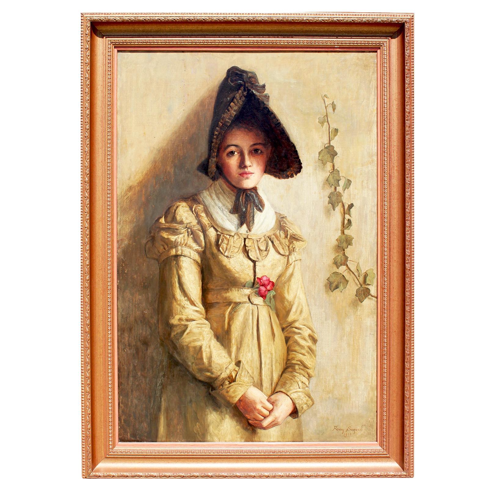 Fanny Sugars (britannique, 1856-1933) Huile sur toile Une jeune fille debout portant un bonnet en vente