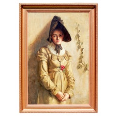 Antique Fanny Sugars (British, 1856-1933) Oil on Canvas A Standing Girl Wearing a Bonnet