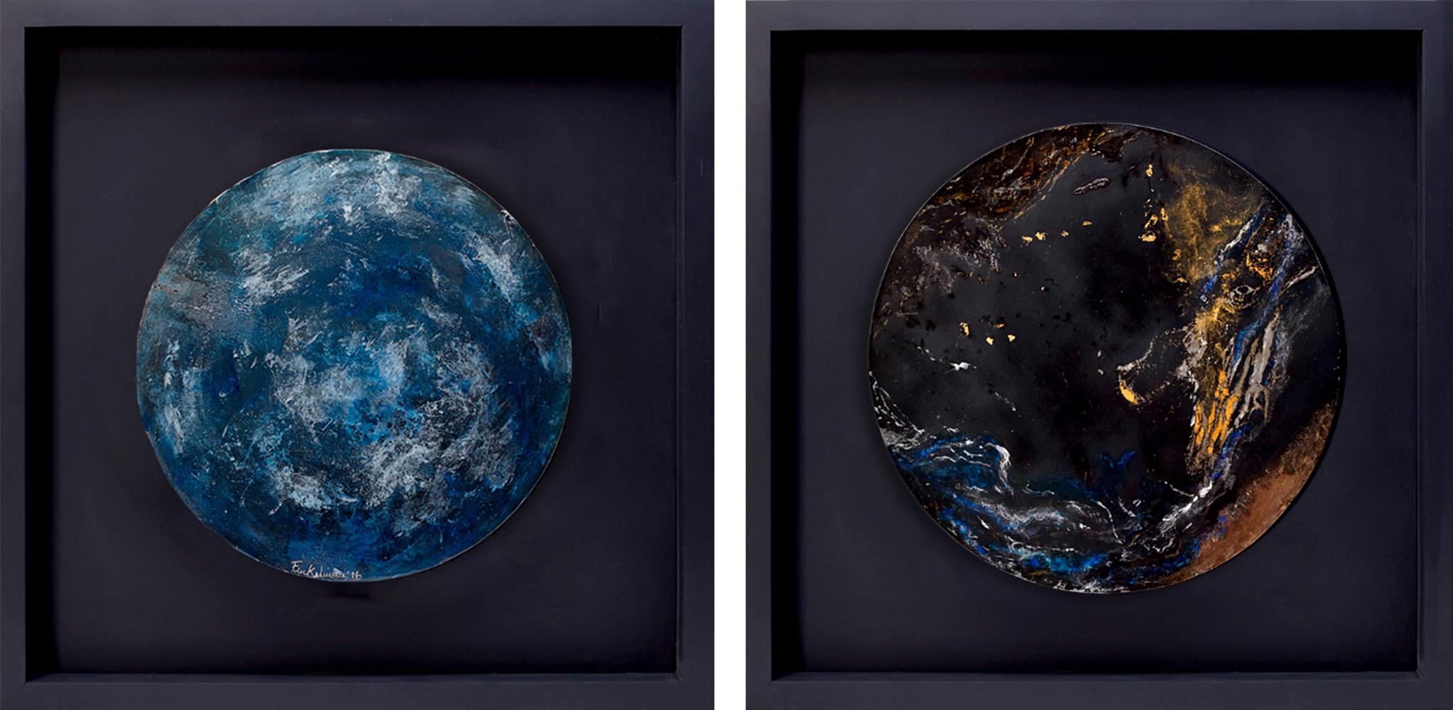 Abstract Painting di Fanny Finkelman - ORBE N°1 e N°2 Dittico Scultura da parete. Metallo intrecciato con pigmenti su Wood.