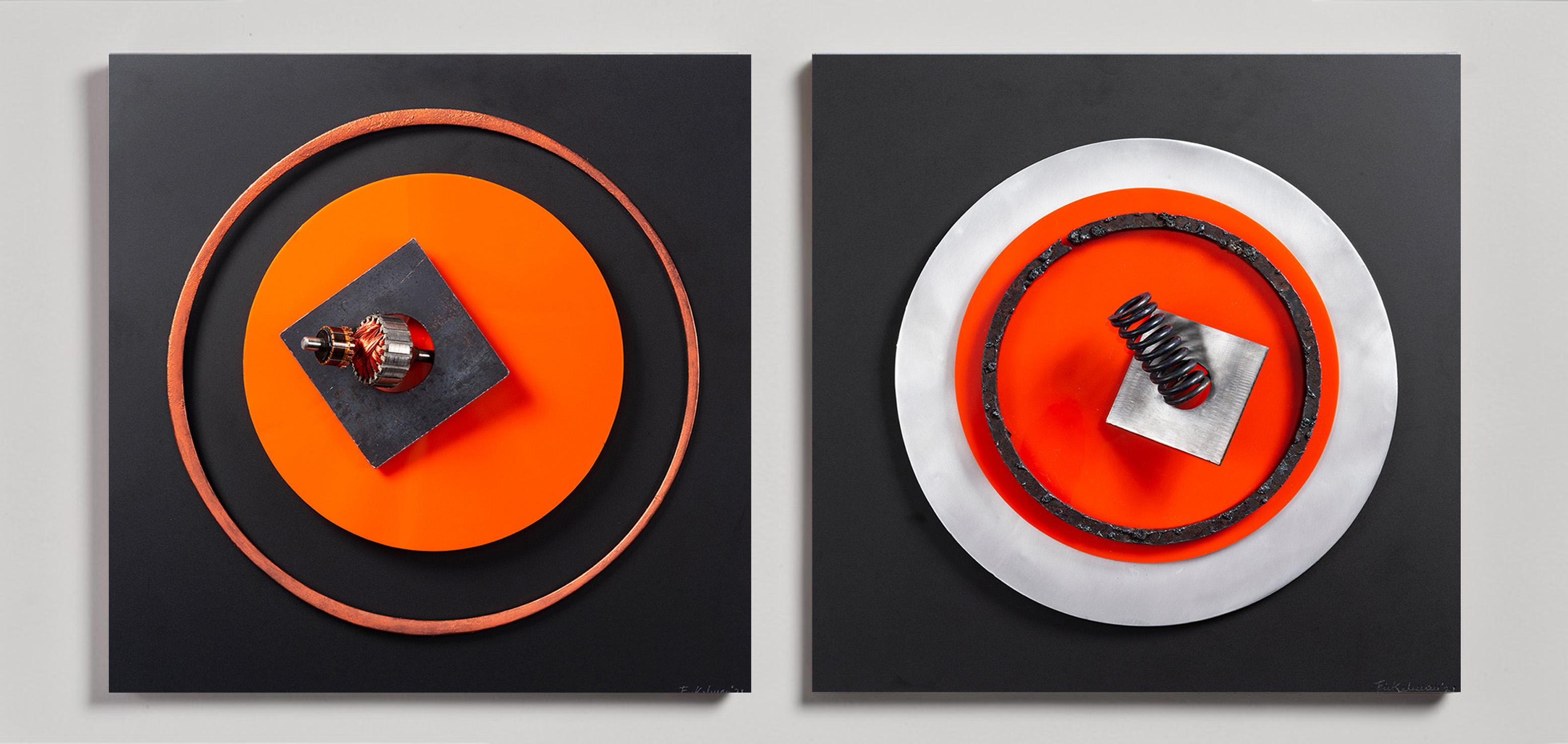 Assembleur Naranja N°1 et N°2. Sculpture murale abstraite en techniques mixtes