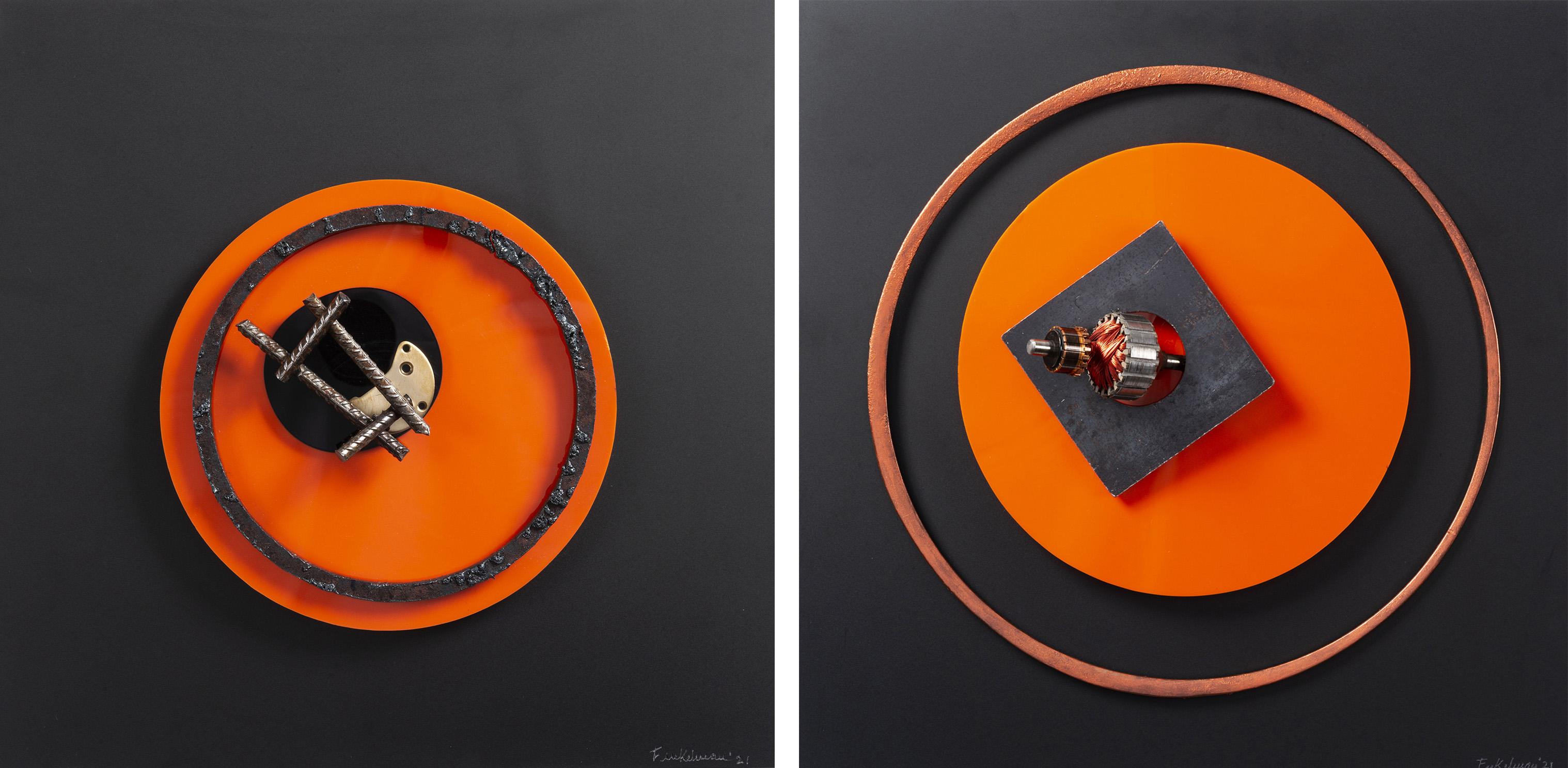 Abstract Sculpture di Fanny Finkelman - Assembler Naranja N°3 and N°2. Abstract Mixed Media Wall Sculpture