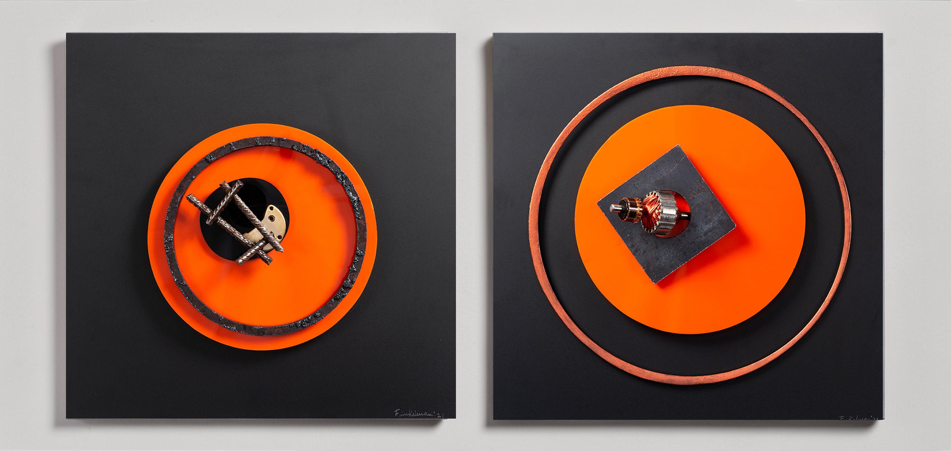 Abstract Sculpture Fanny Finkelman - Assembleur Naranja N°3 et N°2. Sculpture murale abstraite en techniques mixtes