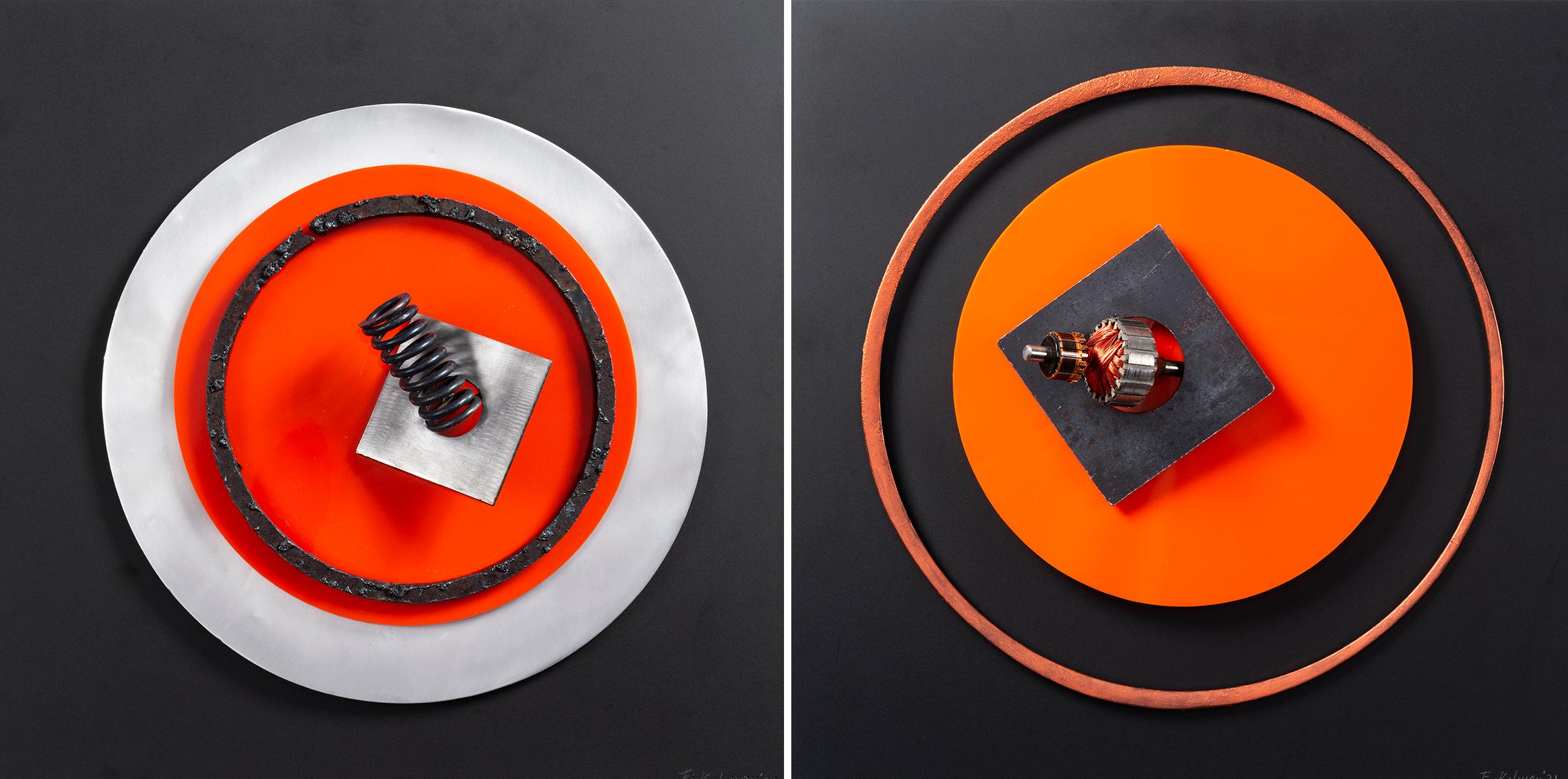 Assembleur Naranja N°1 et N°2. Sculpture murale abstraite en techniques mixtes