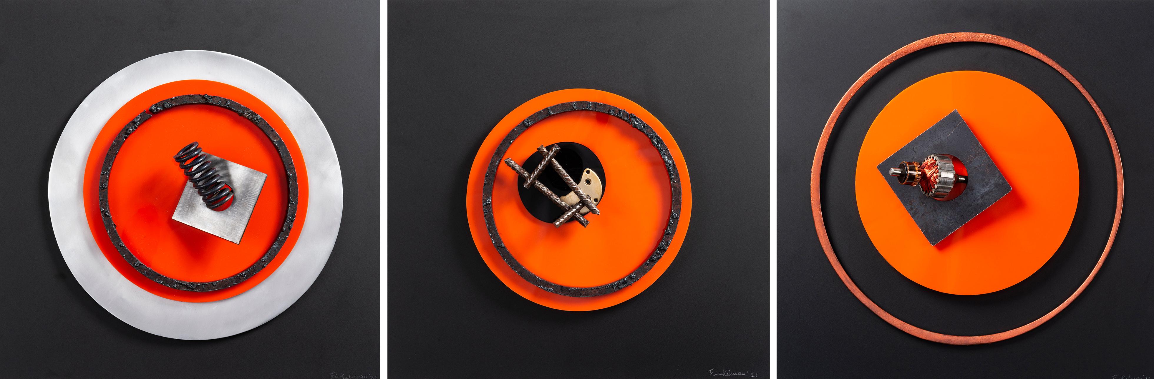 Assembler Naranja N°1, N°3 and N°2. Abstract Mixed Media Wall Sculpture