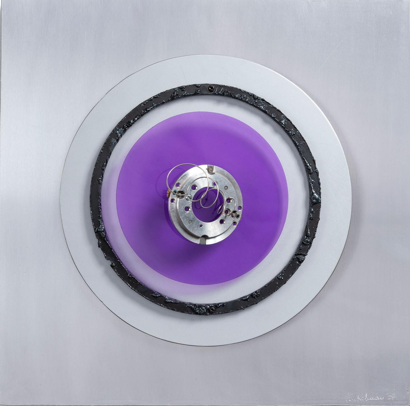 Assembler Violeta N° 3, and 1 (Diptych), by Fanny Finkelman Szyller
Overall size: 40 H x 80 W x 14 D cm.

Individual size: 
Assembler Violeta N°1:
Acrylics, aluminum, screws, and painted metal ring on aluminum
Dimensions:  40 H x 40 W x 8D
