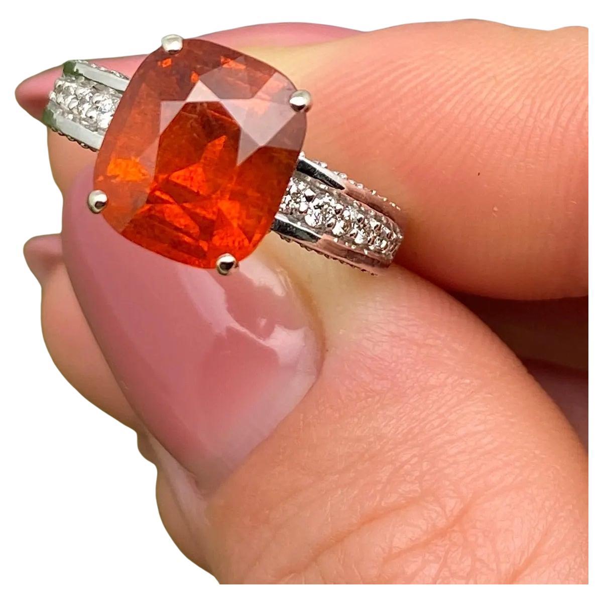 Cushion Cut Fanta Garnet 5.35Ct and Diamonds natural gems Ring, 14 Karat White Gold, 7US For Sale