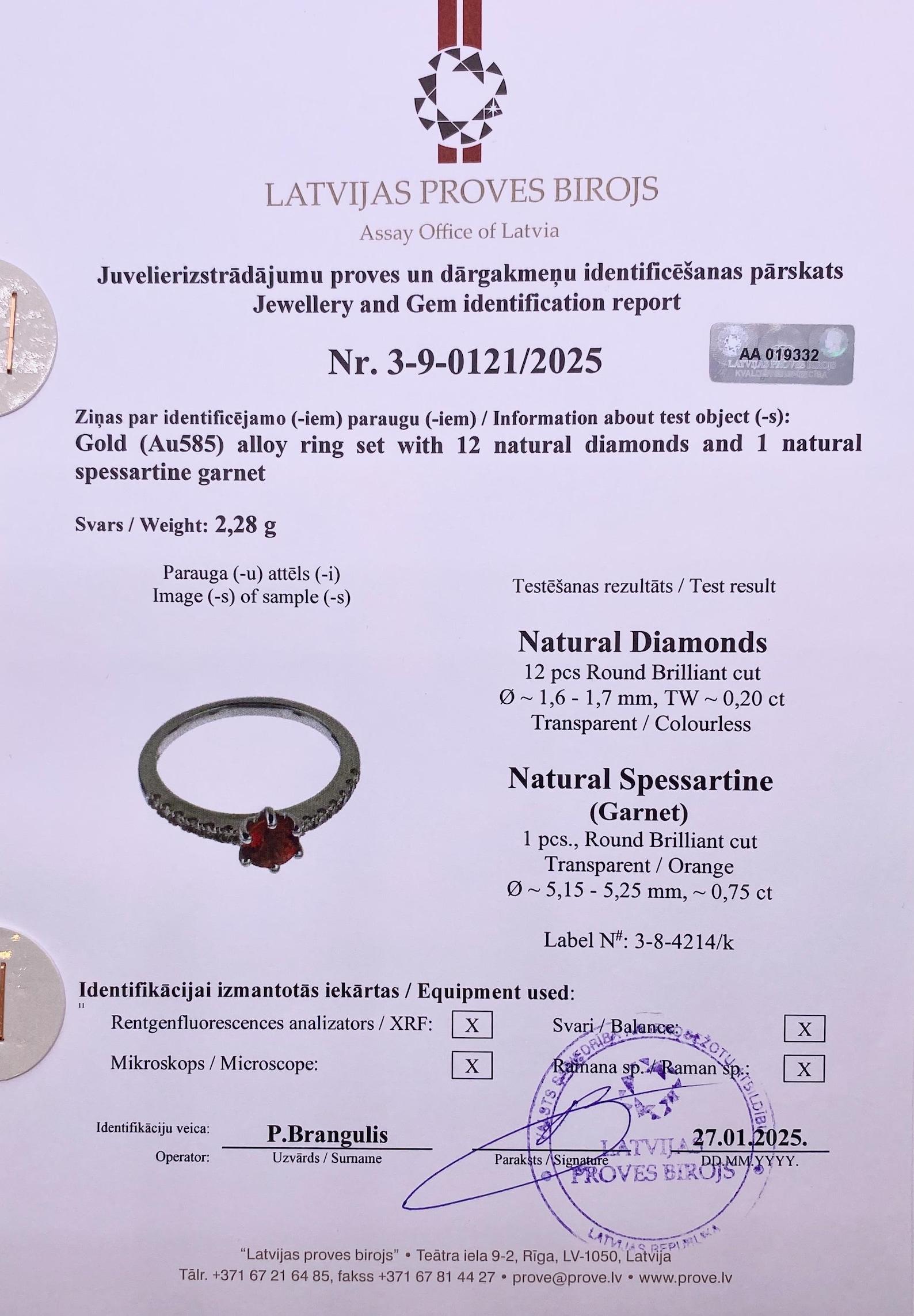 De las mujeres Anillo de gemas naturales Fanta Granate y Diamantes, Oro Blanco de 14 Kilates, 7US, Certificado en venta
