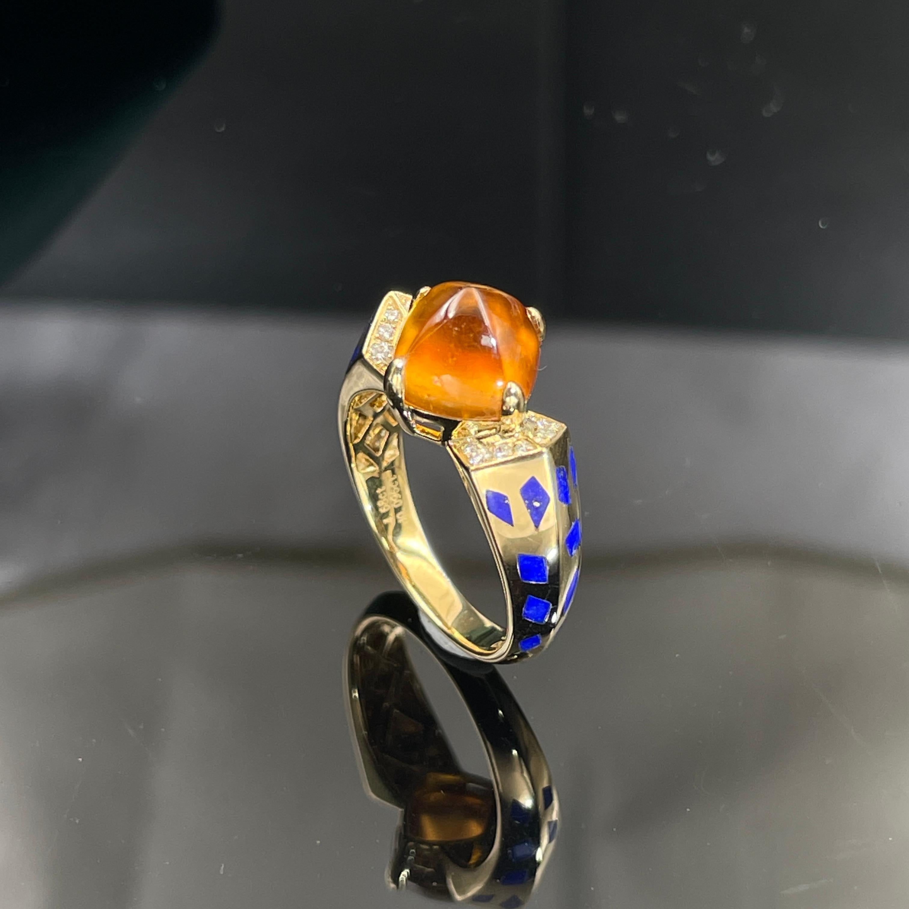 Eostre Ring aus 18 Karat Gold mit Fanta Spessartit Granat, Lapislazuli und Diamant (Zeitgenössisch) im Angebot