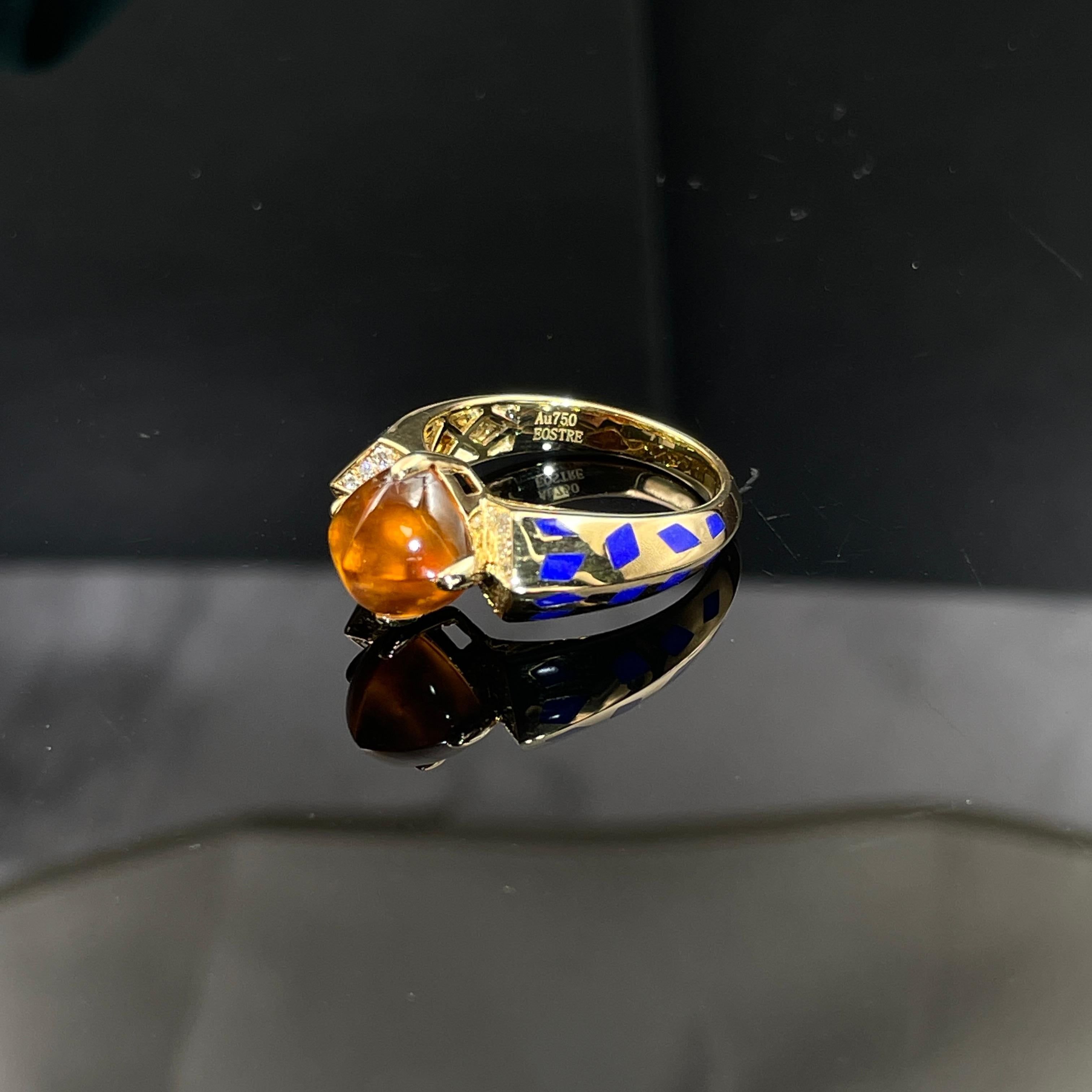 Contemporary Eostre Fanta Spessartite Garnet, Lapis Lazuli and Diamond Ring in 18K Gold For Sale